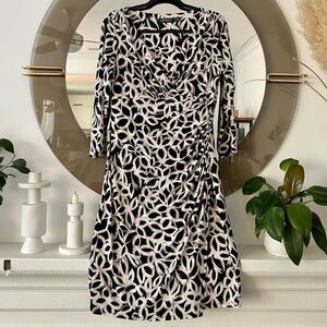NWT Lauren Ralph Lauren White Black Faux Wrap Dress, Size 10